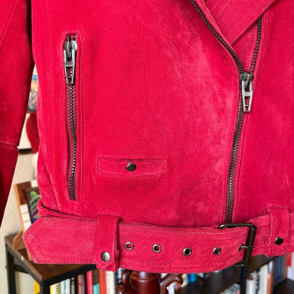 BLANKNYC Red Suede Cropped Moto Jacket Leather Biker Belted Size S - Picture 8 of 16